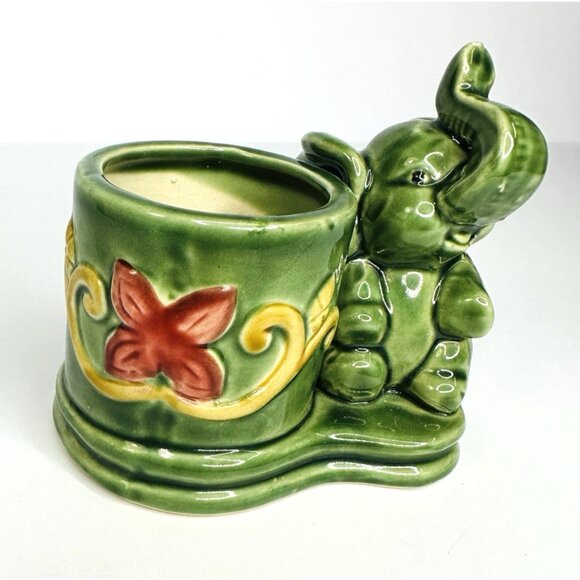 Vintage Baby Elephant Planter Small Trunk Up Ceramic Green Pink Yellow 4x3x4” - Picture 5 of 10